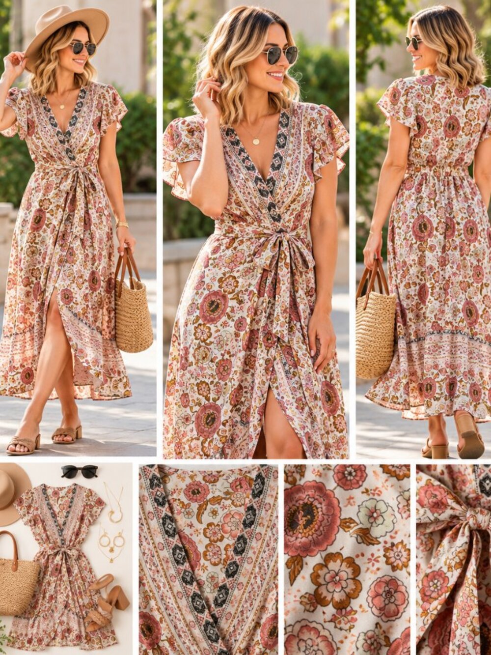 Boho Floral Wrap Maxi Dress L-XL Cream Pink Rust Cottagecore